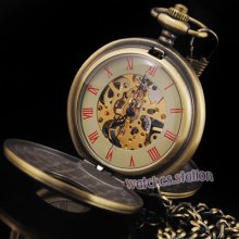 Bronze Steampunk Hand-winding Roman Dial Mechanical Pocket Watch Stand Clock
