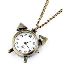 Bronze Tone Alarm Clock Necklace Pendant Chain Quartz Pocket Watch Gift