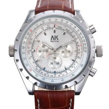 Brown Leather 6 Hands â—† Ak-homme â—† Mens Birthday Gift Automatic Mechanical Watch