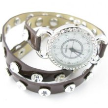 Brown Leather Clear Crystal Studded Wrap Watch