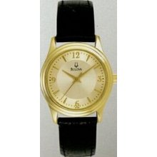Bulova Classic Collection Ladies` Gold Tone Watch W/ Black Leather Strap
