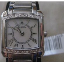 Bulova Ladies Square Diamond Bezel Mother Of Pearl Dial Dress Watch 96r56
