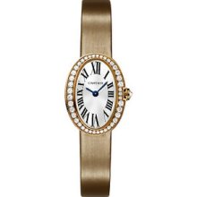Cartier Baignoire Fabric Strap Ladies Rose Gold Diamond Watch Silver Face WB520028