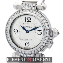 Cartier Pasha 18k White Gold 32mm Silver Arabic Dial Diamond Bezel Wj11924g B+p