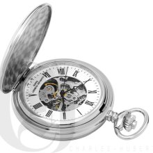 Charles Hubert Classic High Polish Mechanical Movement Silver Tone Double Cover Pocket Watch 3575-W