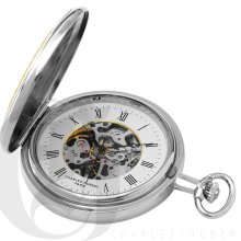 Charles Hubert Classic Stainless Steel and Ion-Gold Demi-Hunter Pocket Watch with Pocket Chain 3711