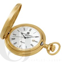 Charles Hubert Classic White Dial High Polish and Satin Finish Gold Tone Pocket Watch and Chain 3675