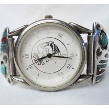 Circle Jw Kokopelli Watch Navajo Sterling Silver Turquoise Coral Inlay Shadow Bx