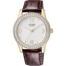 Citizen Womens Eco-Drive Silhouette Swarovski Stainless Watch - Black Leather Strap - Pearl Dial - FD1030-13D