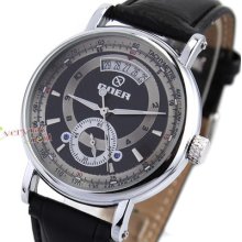 Classic Black Face Mens Business Automatic Wrist Watch Leather Date Subdial