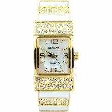 Classic Cuff Style Watch with Rhinestone Accents-White/Gold