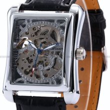 Classic Mens Skeleton Automatic Auto Silver Dial Mechanical Leather Watch Usts