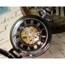 Classic Old Style Pocket Watch with Magnifying Cover Chain and Fob C 9-2