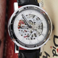 Classic White Dial Silver Skeleton Bezel Pu Leather Mechanical Mens Wrist Watch