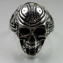 Cool Biker Mens Black Silver Stainless Steel Fully Tattooed Skull Ring