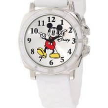 Disney Mickey Mouse Moving Hands Silver Dial White Rubber Strap Women's Watch