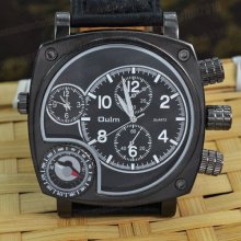 Dual Time Zone Quartz Leather Large Face Design Wrist Watch Military Army Watch