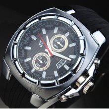 Elegant Big Dial Steel Silicone Rubber Mens Quartz Analog Wrist Watch Gift