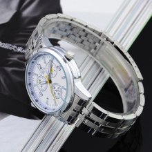 Elegant White Dial Yellow Hand Luxury Mens Quartz Analogue Wristwatch Clock Gift