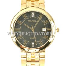 Elgin Mens Diamond Goldtone Case Band And Dial Markers Wr100ft Dress Watch