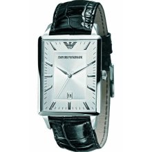 Emporio Armani Gents Black Leather Strap Watch With Silver Dial