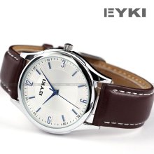 Eyki Mens Luxury Casual Leather Band Quartz Analog Stainless Steel Case Watch