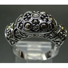 Fabulous Two Tone Sterling Silver Open Swirl Design Convex Pedestal Ring