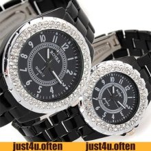 Fashion Black Alloy Design Quartz Movt Crystal Wristwatch Mens Womens Couple