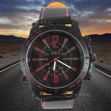 Fashion Dial Steel Casual Sports Black Strap Leather Analog Quartz Wrist Watch
