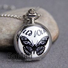 Fashion Enamel Quartz Pocket Watch Necklace Charm Butterfly Pendant Gift Cb3018