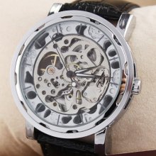 Fashion Faux Leather Silver Skeleton Automatic Mens Wrist Watch Analog Gift