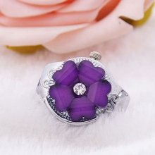 Fashion Purple Flower Crystal Steel Band Women Girls Gift Quartz Ring Watch