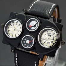 Fashion White Quartz Movement Black Synthetic Leather Watchband Boy's Wristwatch