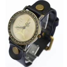 Fashion Women Leather Paris Love In The Eiffel Tower Style Students Wrist Watch