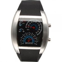 Fashionable Blue LED Light Steel Case Aviation Speedometer Analog Wrist Watch B