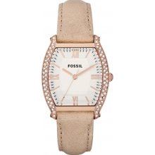 Fossil Ladies Es3108 Crystal Rose Gold Finish Tan Leather Band Watch