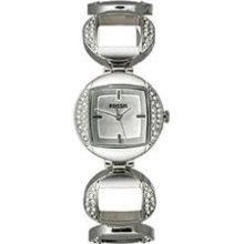 Fossil Ladies Silvertone Watch Silver Face, W/crystals Es2566 In Tin