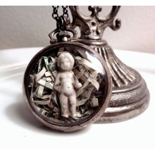 Frozen Charlotte Statement Necklace 1940s Sterling Silver Pocket Watch