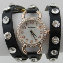 Geneva Ladies Black Leather w Rhinestones Rose Gold-Tone Crystal Face Wrap Watch - Rose - Leather