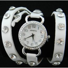 Geneva Ladies White Leather with Rhinestones Silver-Tone Crystal Face Wrap Watch - White - Leather - Adjustable