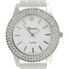 Geneva Platinum Women's Quartz Rhinestone Accent White Silicone Strap Watch