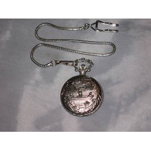 Geneva Pocket Watch Quartz Silver Color Fisherman Boat Time Chain