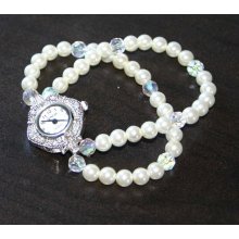 Glass Pearl and Swarovski Crystal Stretch Bracelet Watch