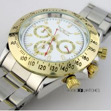 Golden White 3 Sub-dials Steel Automatic Mechanical Commercial Men's Watch