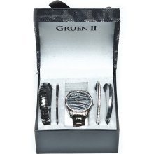 Gruen II Ladies Crystal Ice Bezel Black Finish Quartz Watch/Bracelet Set GRT914