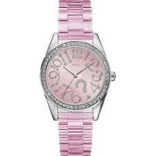 Guess ? Logo Pink Ss Silver Swarovski Plastic Bracelet Lady Watch W85092l2