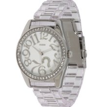 Guess ? Logo Quiz Ss Silver Swarovski Plastic Bracelet Lady Watch U85117l1