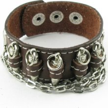 H501 Steel Bullet + Chain Gothic Brown Leather Men/women Button Wristband Cuff