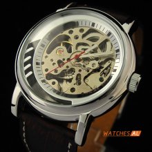 Hot Fashion Mens Visible Skeleton Automatic Mechanical Leather Band Wrist Watch