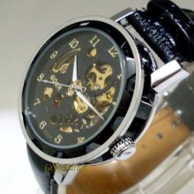Hot Sale - Black Mens Automatic Mechanical Skeleton Leather Wrist Watch Bargain